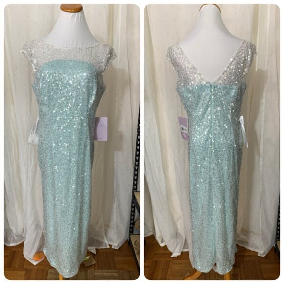 JS Collections CLAIRE Tea Length Sequined Dress Sz 10 Light Aqua Frozen - Picture 2 of 11